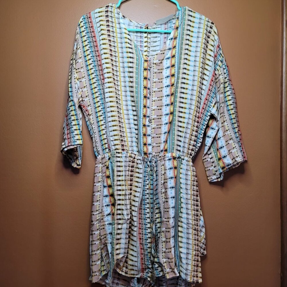 Taupe Rayon Challis Ethnic Back Keyhole Pocketed Romper - Picture 2 of 6